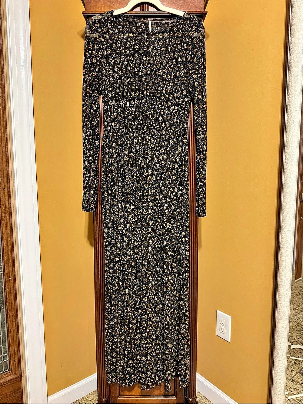 Free People Hello & Goodbye Mesh Smocked Maxi Dress Black Yellow Floral M